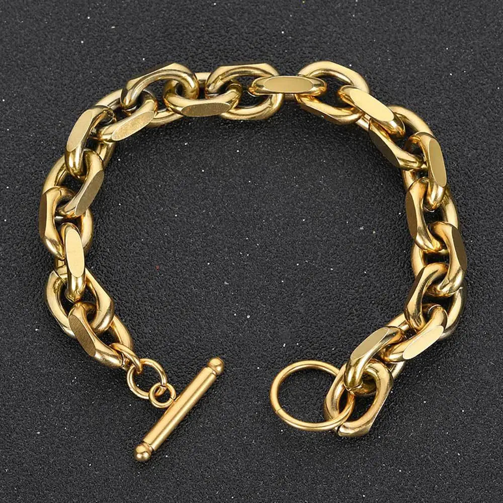 Chain Bracelet 9mm - Stainless Steel, 18K Gold Plated, Toggle Clasp
