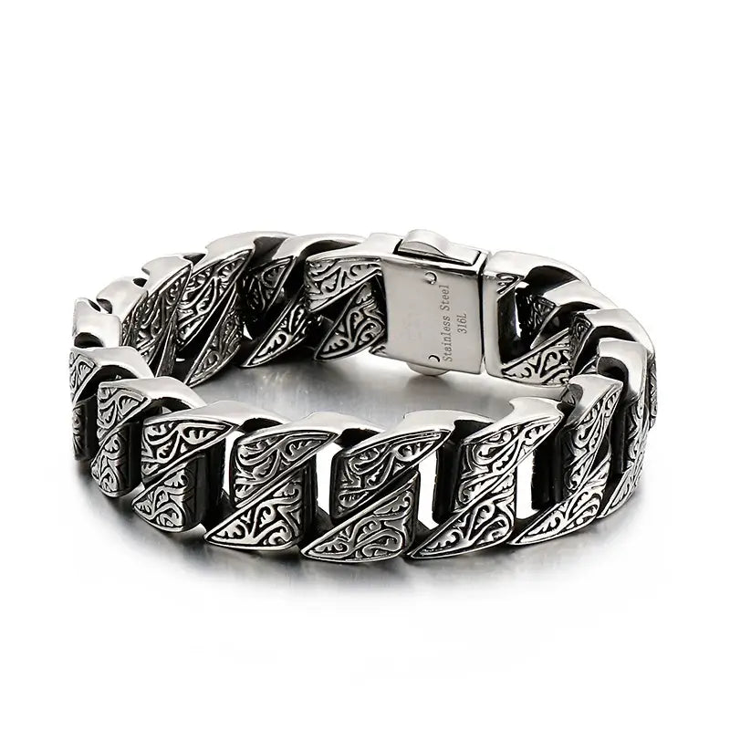 Vintage Stainless Steel Bracelet 17mm - 316L Stainless Steel, Vintage Pattern, Steel Color