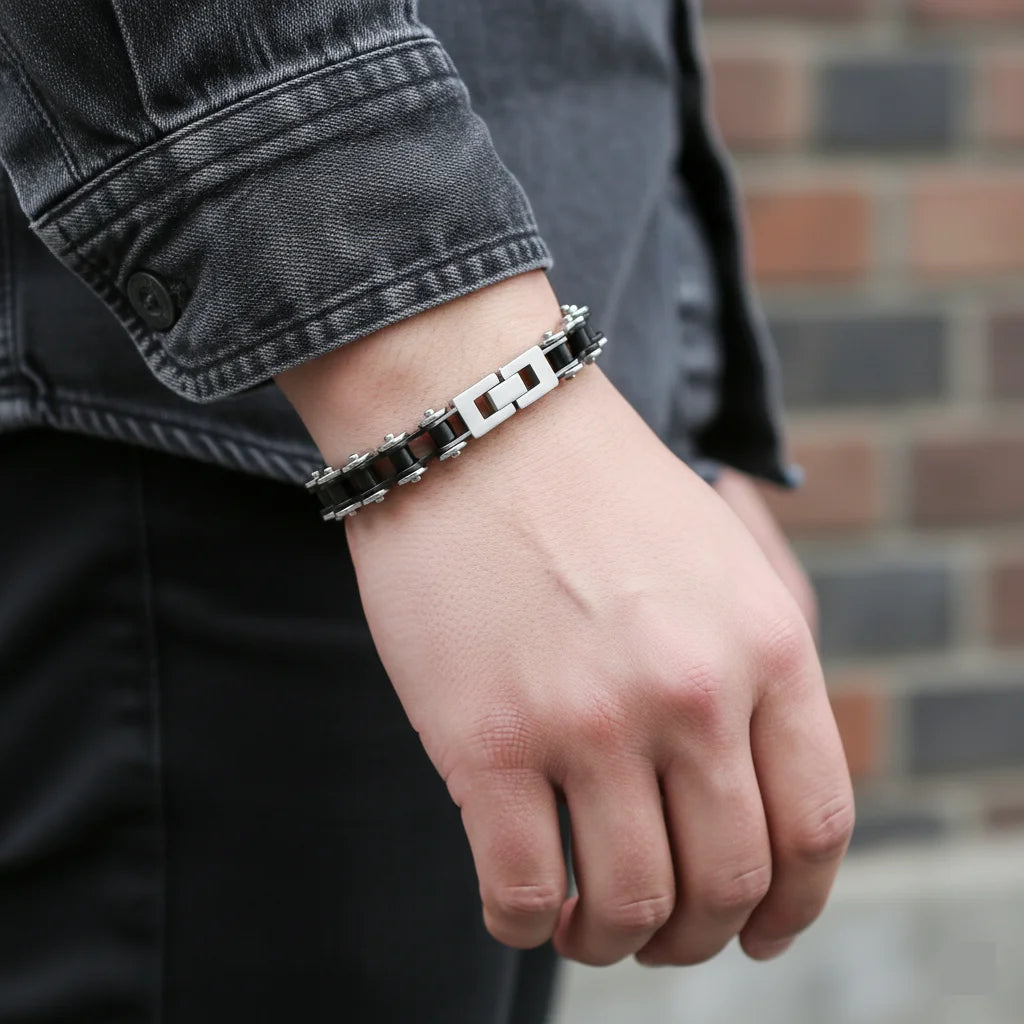 Stainless Steel Bike Chain Bracelet 11mm - Black & Steel Two-Tone