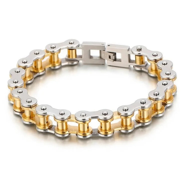 Stainless Steel Bike Chain Bracelet 11mm - Gold & Steel Two-Tone