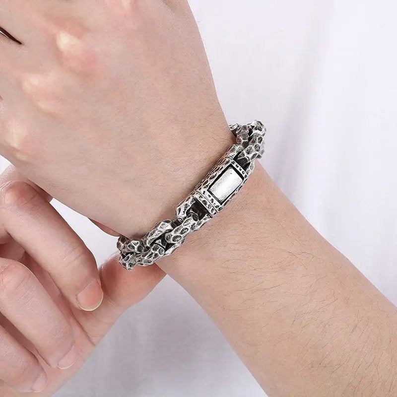 Hammered Stainless Steel Bracelet 13mm - Stainless Steel, Steel Color