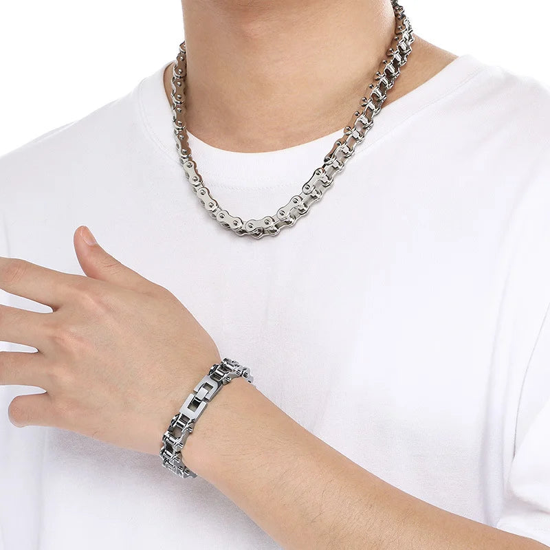 Stainless Steel Bike Chain Bracelet 11mm - Sandblasted Finish, Steel Color