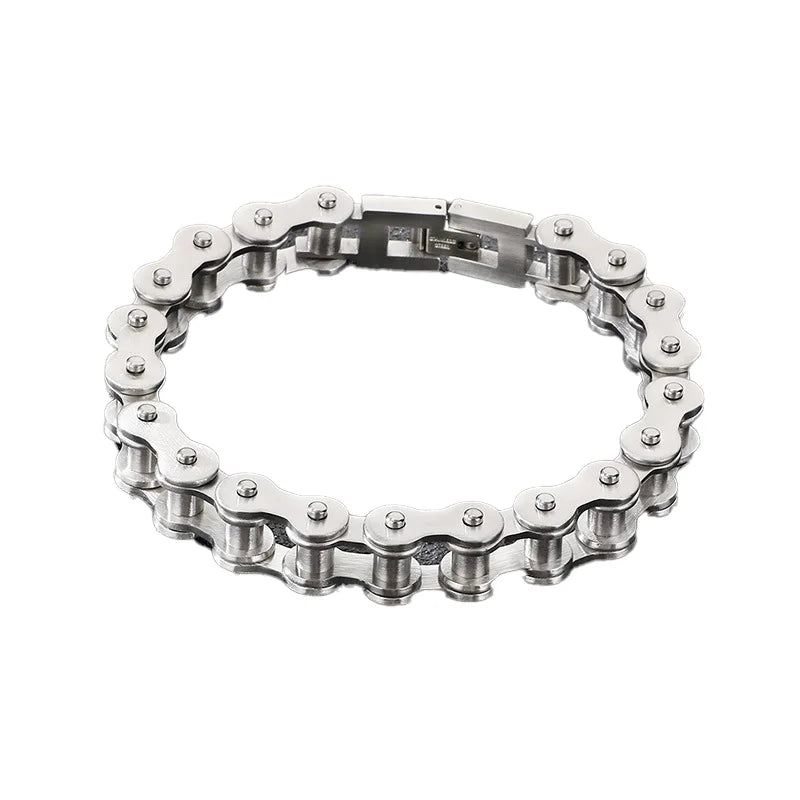 Stainless Steel Bike Chain Bracelet 11mm - Sandblasted Finish, Steel Color