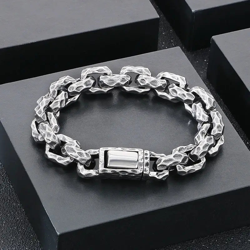 Hammered Stainless Steel Bracelet 13mm - Stainless Steel, Steel Color