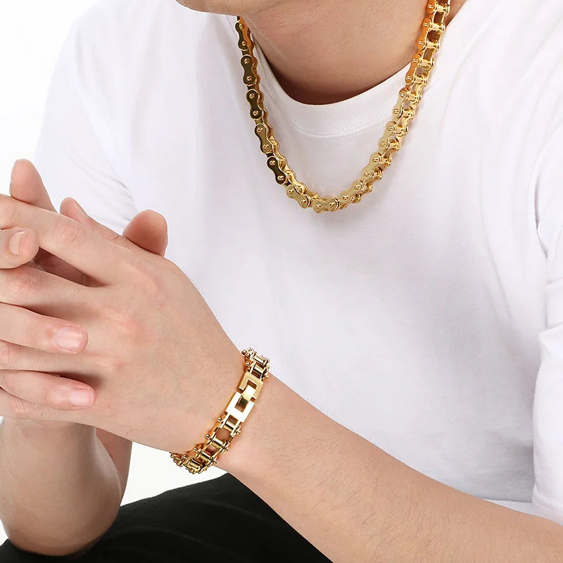 Stainless Steel Bike Chain Bracelet 11mm - Gold Plated