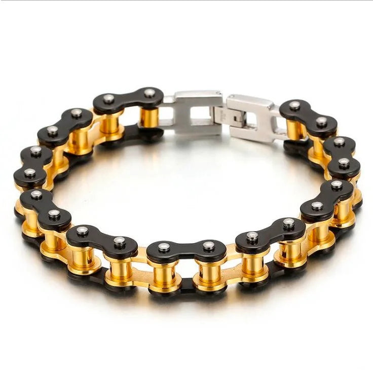 Stainless Steel Bike Chain Bracelet 11mm - Black & Gold Two-Tone
