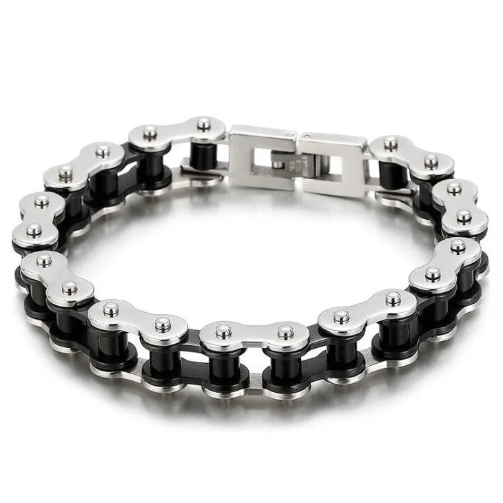 Stainless Steel Bike Chain Bracelet 11mm - Black & Steel Two-Tone