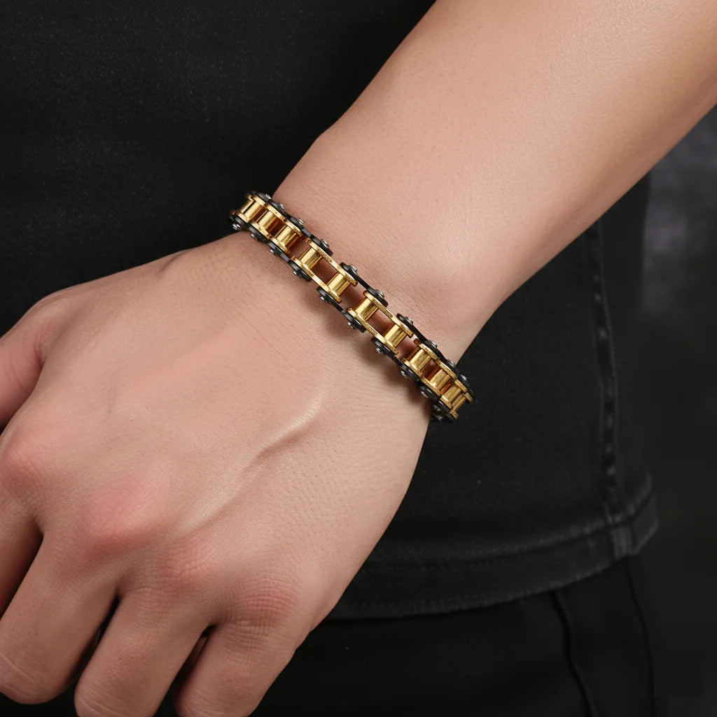 Stainless Steel Bike Chain Bracelet 11mm - Black & Gold Two-Tone